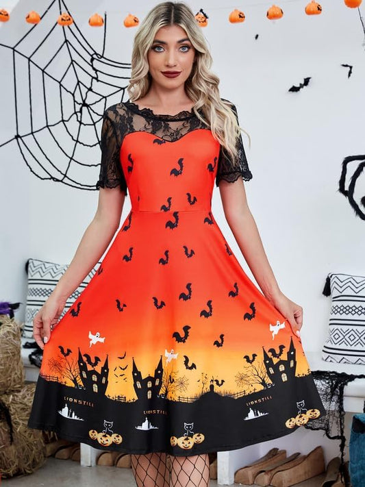 Jillumi Halloween Women's Lace Sleeve Pumpkin Swing Dress with Side Zipper