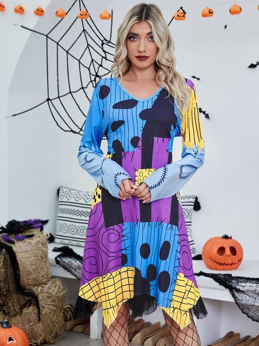 Jillumi Halloween Costumes Women Long Sleeve V Neck Patchwork Cosplay Multi Dress
