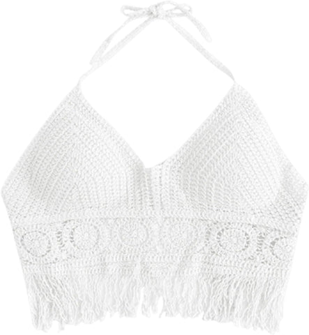 ZAFUL Womens Halter Fringed Trim Crochet Knit Bralette Top - Welooc