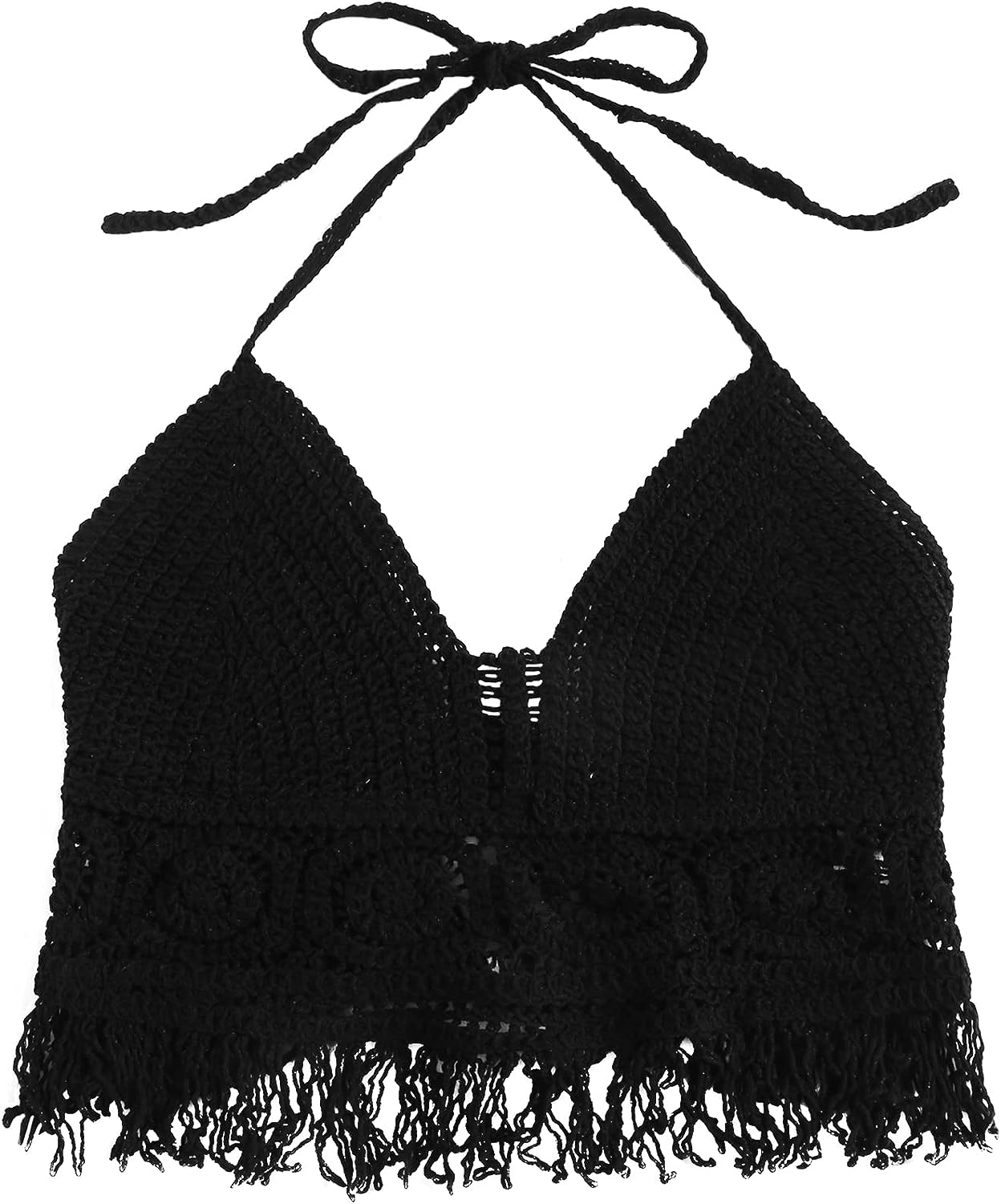 ZAFUL Womens Halter Fringed Trim Crochet Knit Bralette Top - Welooc