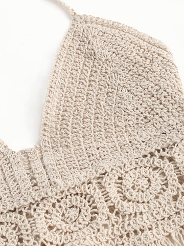 ZAFUL Womens Halter Fringed Trim Crochet Knit Bralette Top - Welooc