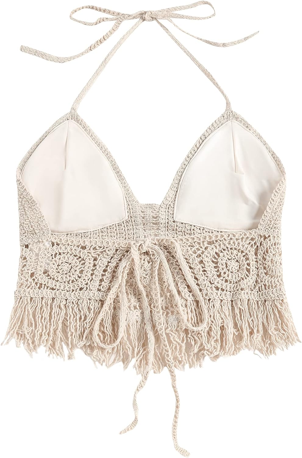 ZAFUL Womens Halter Fringed Trim Crochet Knit Bralette Top - Welooc