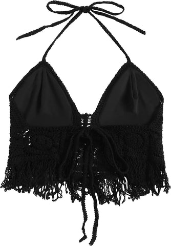 ZAFUL Womens Halter Fringed Trim Crochet Knit Bralette Top - Welooc