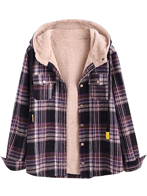ZAFUL Women's Plaid Wool Lined Flannel Jacket Hoodie - Welooc