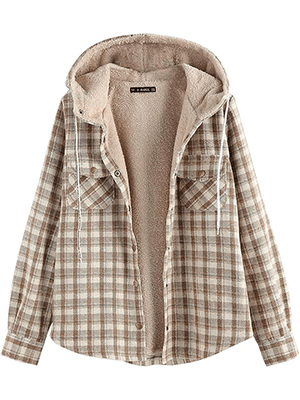 ZAFUL Women's Plaid Wool Lined Flannel Jacket Hoodie - Welooc