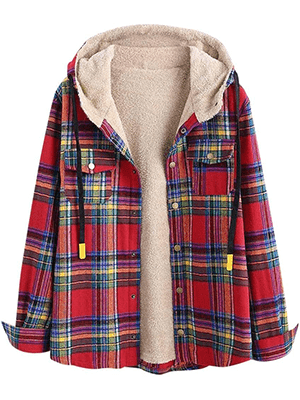 ZAFUL Women's Plaid Wool Lined Flannel Jacket Hoodie - Welooc