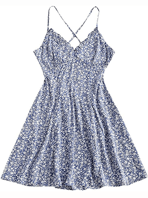 ZAFUL Women's V-Neck Cross Back Pleated Floral Dress - Welooc